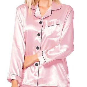 Swomog Silky Satin Pajama Top Light Pink Loungewear Sleepwear Button PJ Top Only